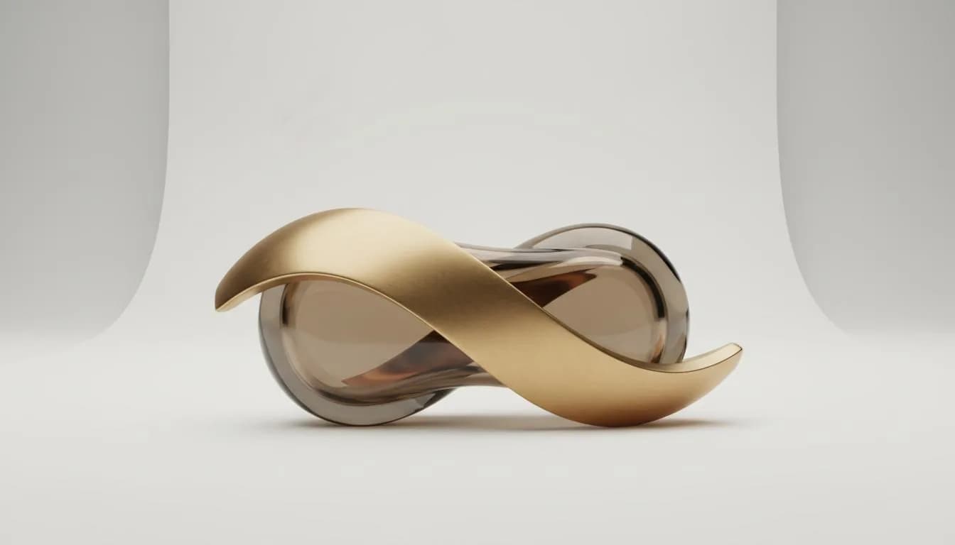 A brushed gold ribbon wrapped around a smoked glass form on a pale studio backdrop