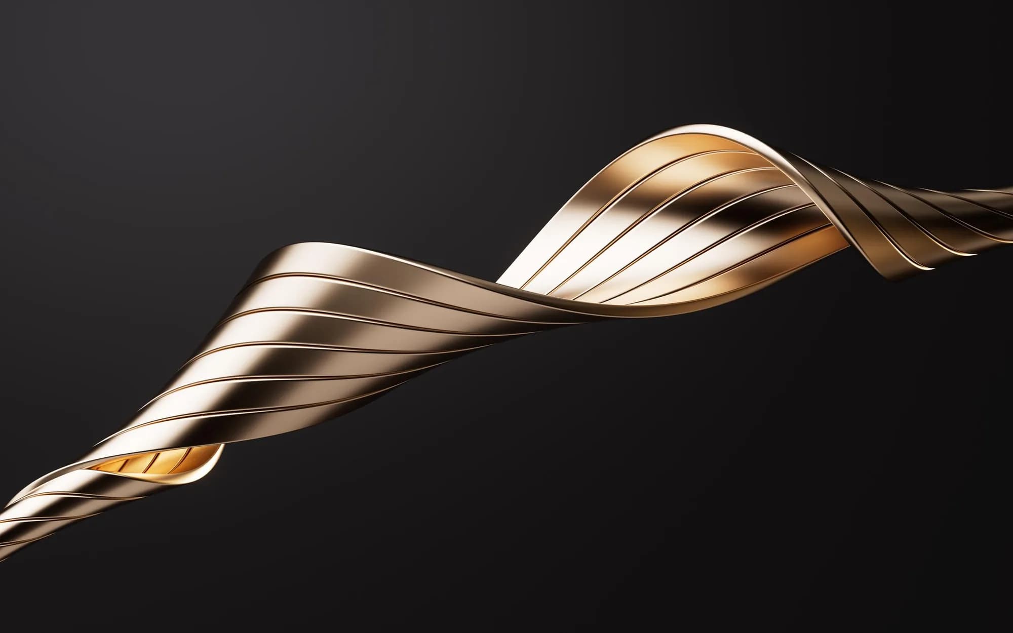 A twisting, ribbed ribbon of polished gold floating against a black background