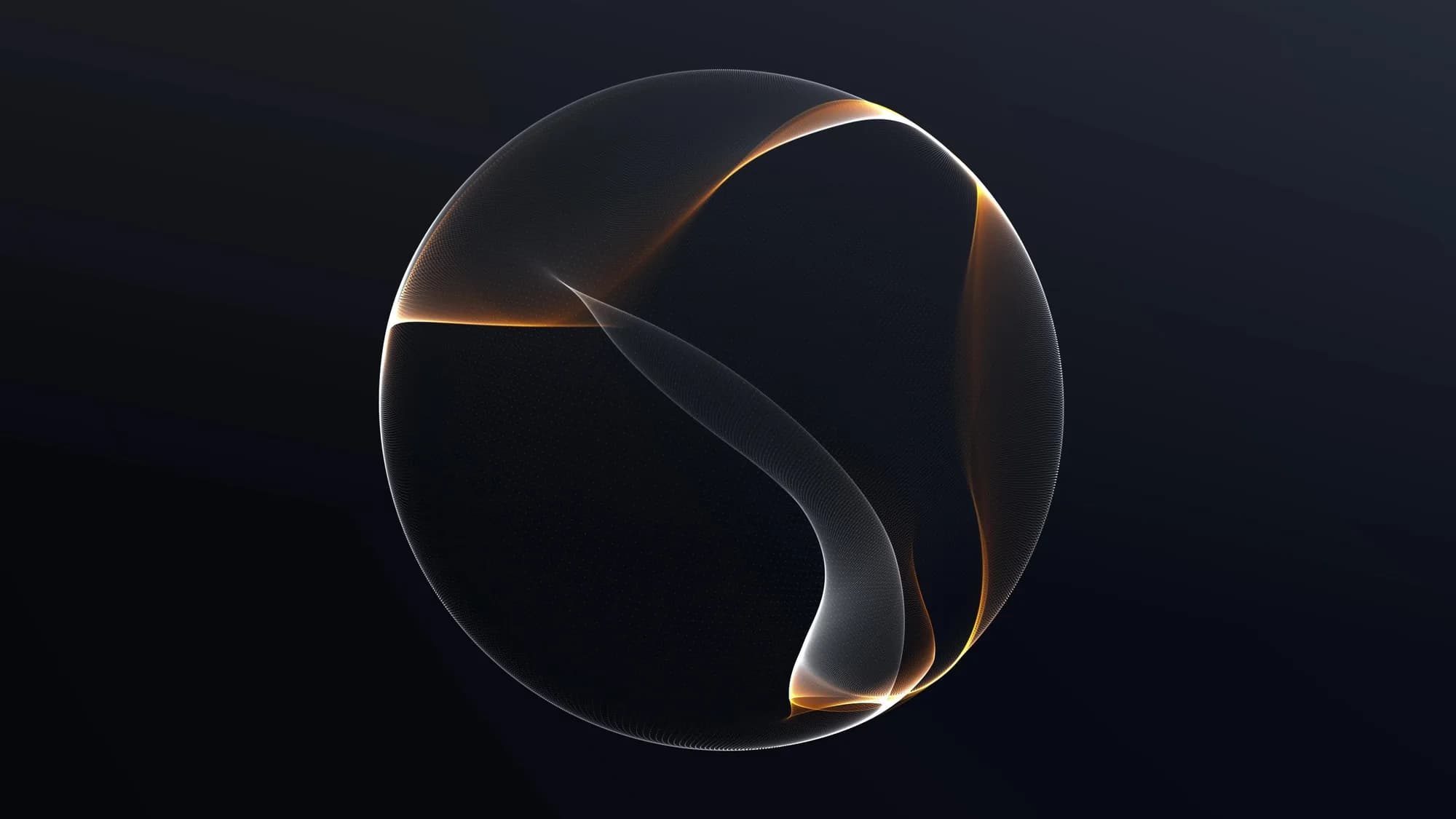 Abstract luminous sphere with fine gold and white light ribbons on a dark background